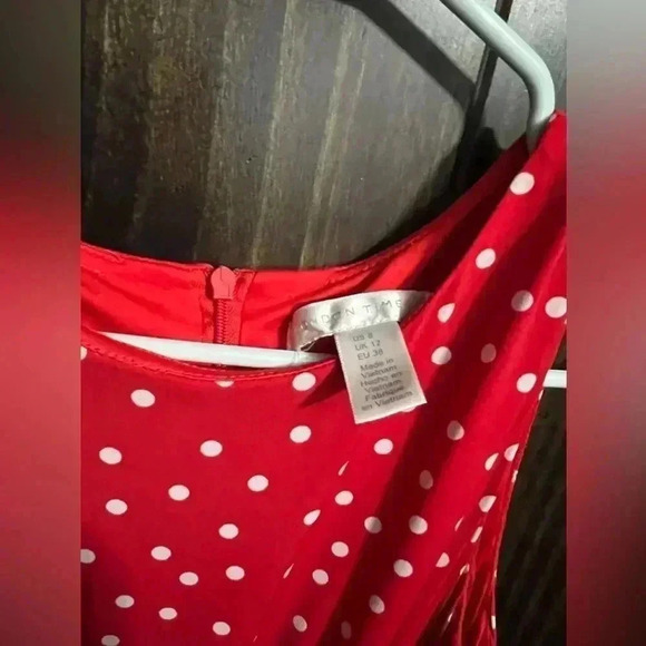 LONDON TIMES Sleeveless Flare Midi Dress Red with White Polkadots-Size: US 8 - Picture 5 of 10
